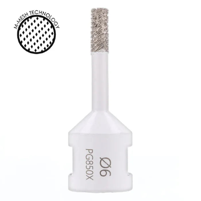 Diamantbohrer mit M-Mesh-Technologie, Modell PG850X, Durchmesser 6 mm, zylindrische Schleifspitze und weißem Schaft.